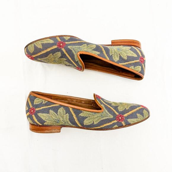 Zalo Needlepoint Palm Embroidered Leather Lined Smokers Flat Shoes Size 6 $350 - Picture 5 of 6